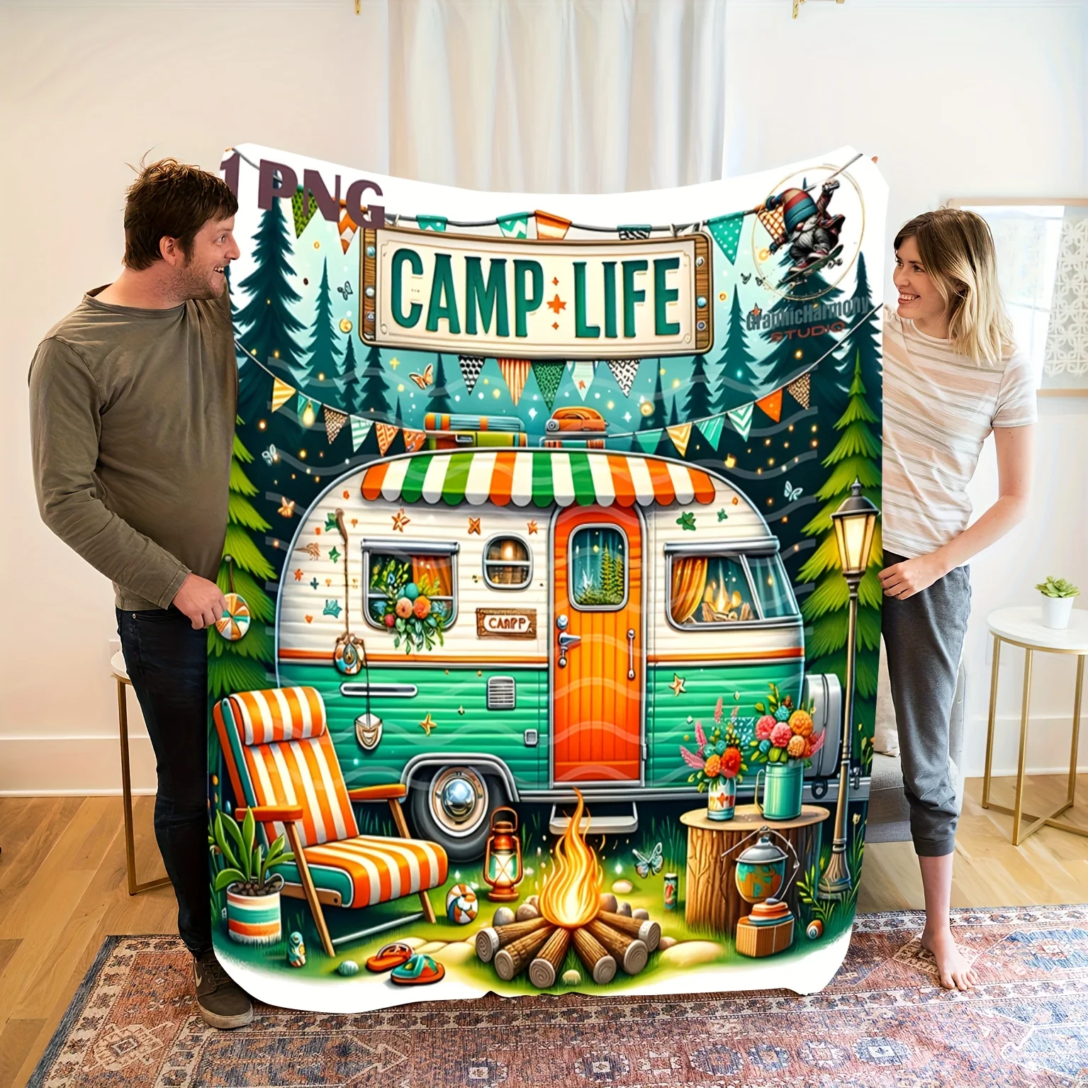 

Soft Luxury Flannel Blanket , All-Season Indoor/Outdoor Use with Vibrant Retro Camper Van, Pine Trees & Campfire Design