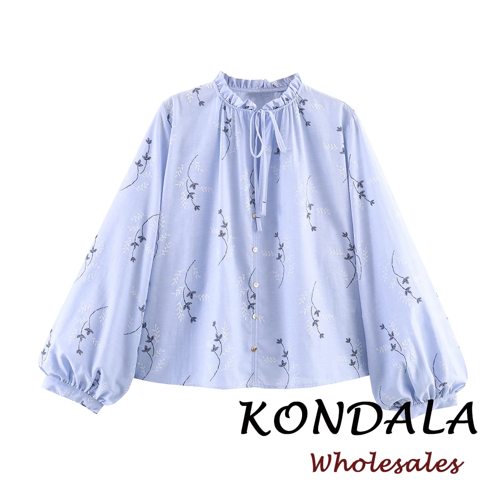 KODNALA Schicke Frühlings-Freizeithemden mit Stickerei-Print für Damen, Modische 2026 Streetwear mit Schleife, Einreihig, Elegantes Vintage-Hemd für Frauen