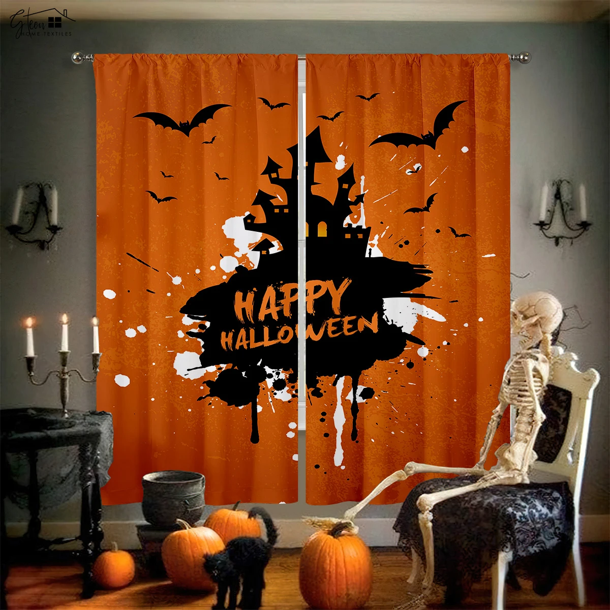 Blackout Curtains Halloween Cartoon Print Curtains Suitable For Restaurant Living Room Holiday Party Decoration Curtains 2 PCS