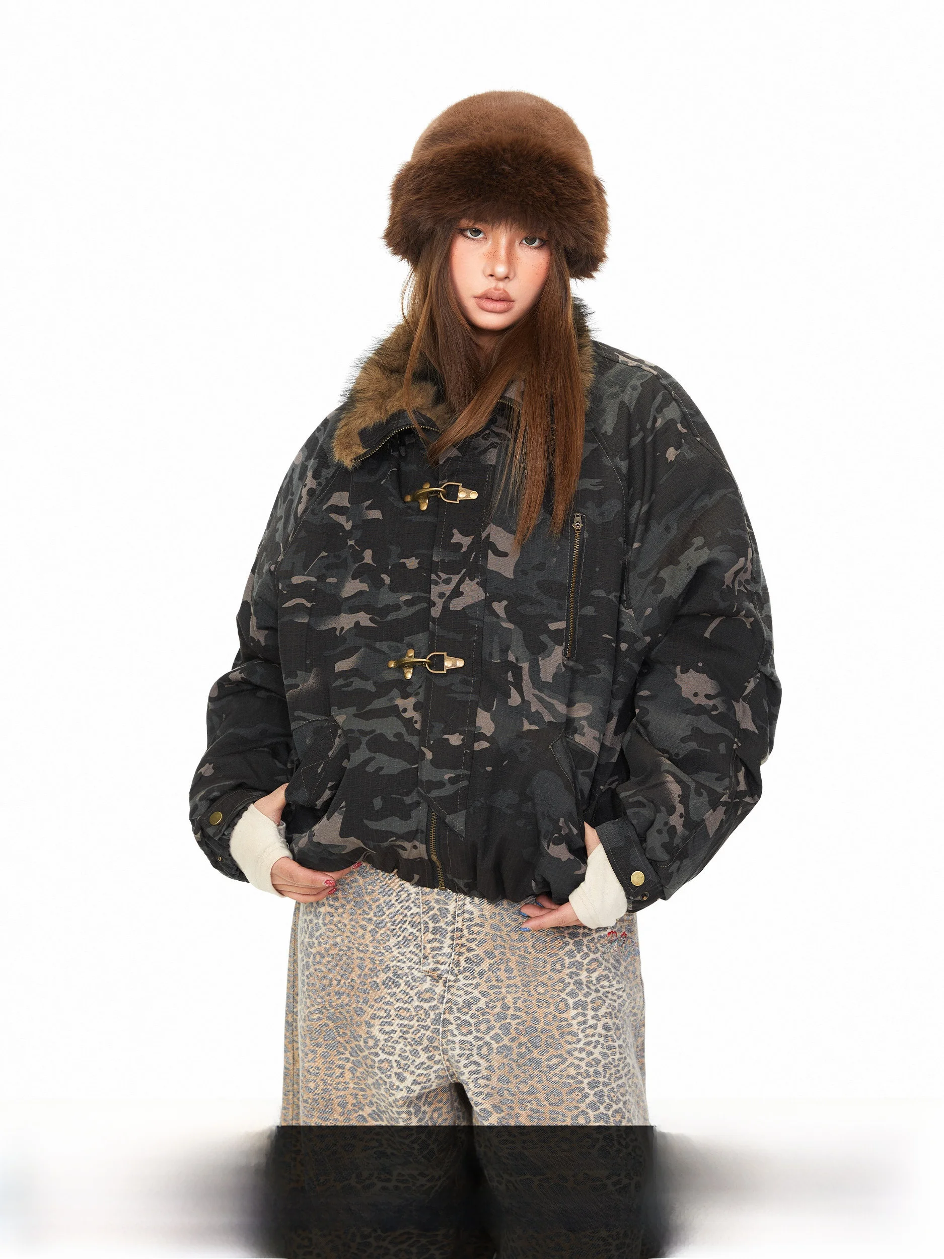 

Blabb High Street Camouflage Jaet with Fur Collar Loose Casual Autumn Winter Cotton Coat Punk Sle Zipper Closure