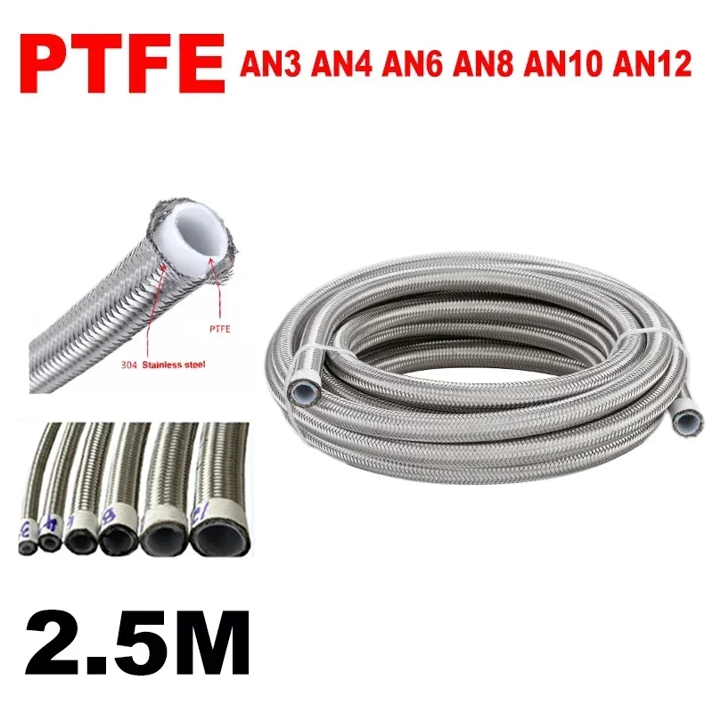 

8FT 2.5M Universal Fuel Hose Oil Gas Cooler Line Pipe Tube PTFE Stainless Steel Double Braided AN3 AN4 AN6 AN8 AN10 AN12 Silver
