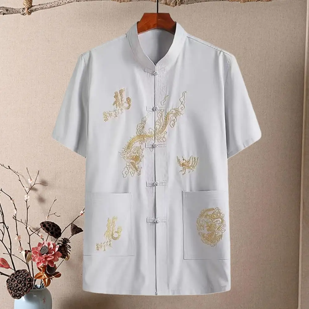 Dragon Print Practice Shirt Men's Chinese Traditional Linen Tang Shirt with Hand Plate Buckle Design Oriental for Comfortable