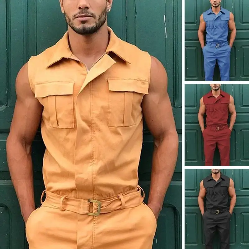 Plus S-5XL Men Jumpsuit Spring Summer  Casual Sleeveless Vest Short Romper Overalls Street Wear