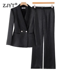 ZJYT Autumn Winter Striped Blazer Pant Sets 2 Pieces for Women Elegant Ladies Office Work Outfit Plus Size Jacket Suit Feminino