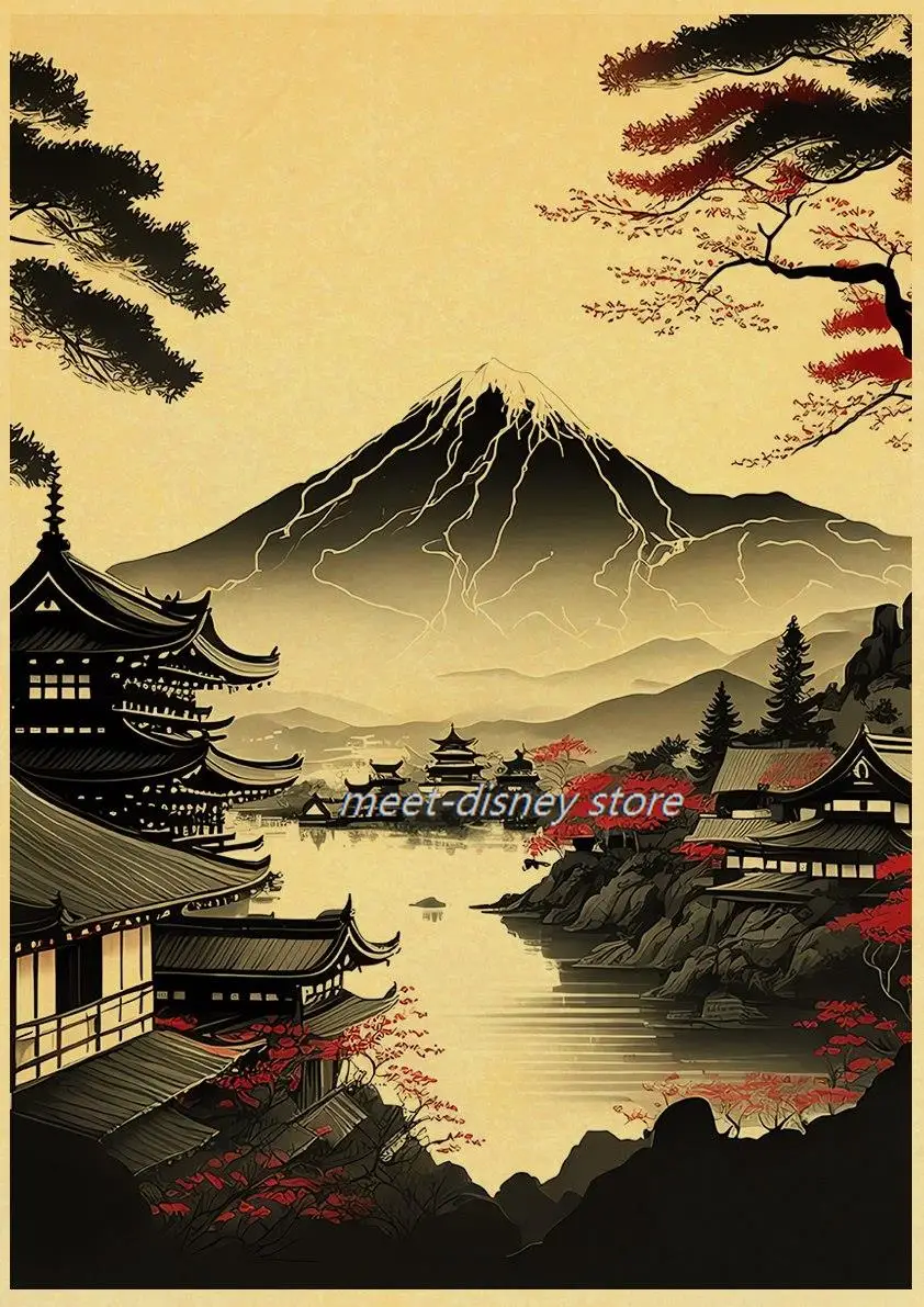 Red Moon Japanese Architecture Poster Harajuku Kraft Paper Posters Home Decoration Coffee Aesthetic Chambre Wall Dormitory