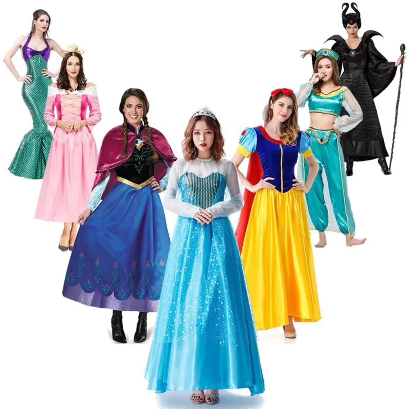 2023 Woman Elsa And Anna Dress Adult Snow White Princess Costume Sleeping Beauty Lace Patchwork Jasmine Halloween Party Gown