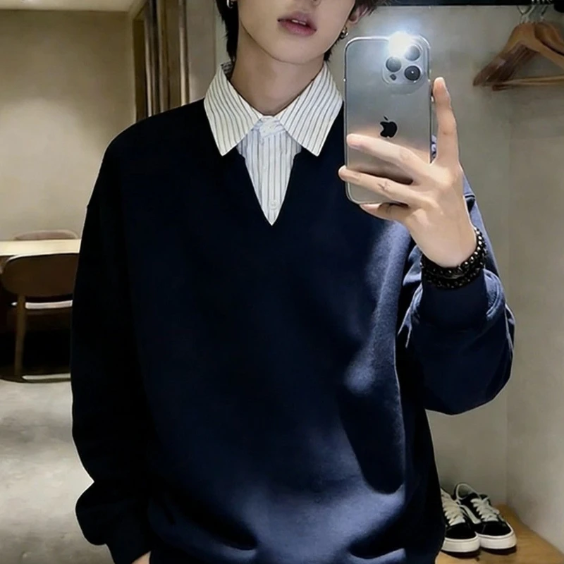 Men's Navy Blue Fake Two-Piece Shirt Collar Sweatshirt Spring American Regular Shoulder Polo Cleanfit Jacket