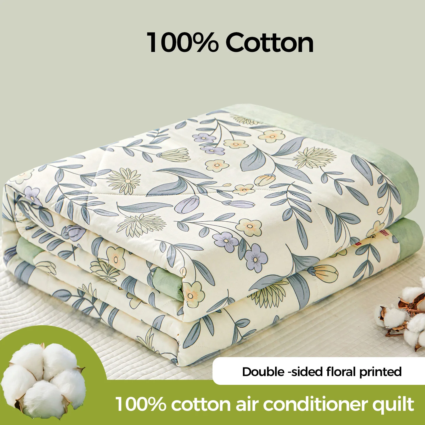 Edredón de Verano con Estampado Floral, 100% Algodón, Delgado, Ligero, Agradable al Tacto, Manta para Aire Acondicionado para Adultos y Niños