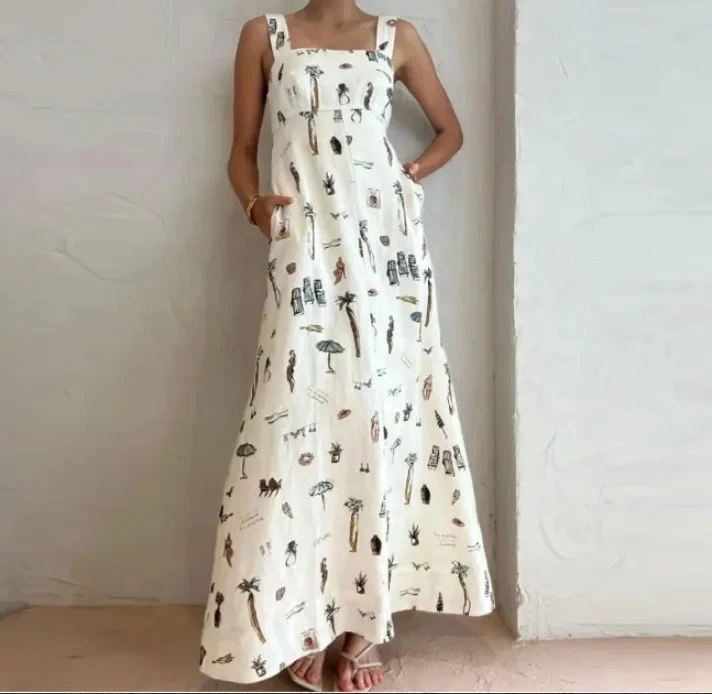 

Sleeveless Lace Up Sexy Printed Swing Dresses for Women Summer Wear New Fashion Women's White High Waist Vacation A-Line Dresses