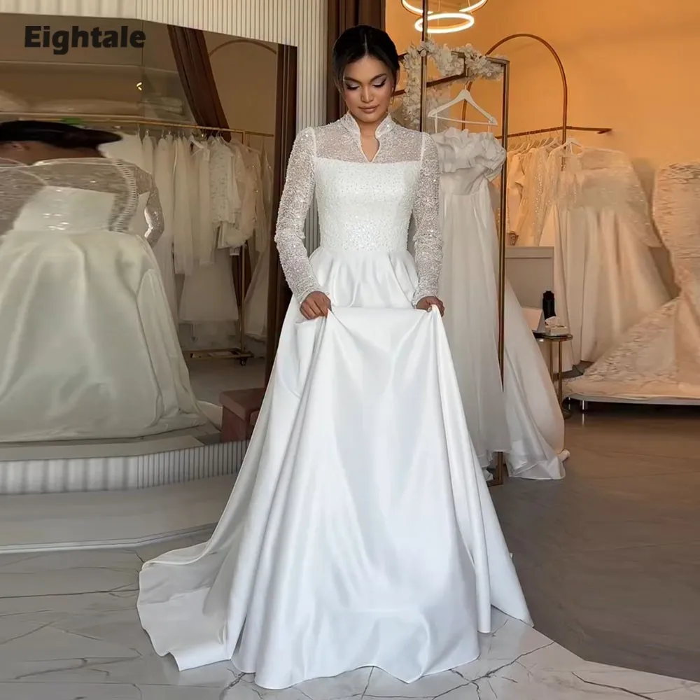 

Eightale Arabic Wedding Dress V-Neck Customized Satin Bridal Gown Long Sleeves A-Line Floor Length Muslim Bride Party Dress