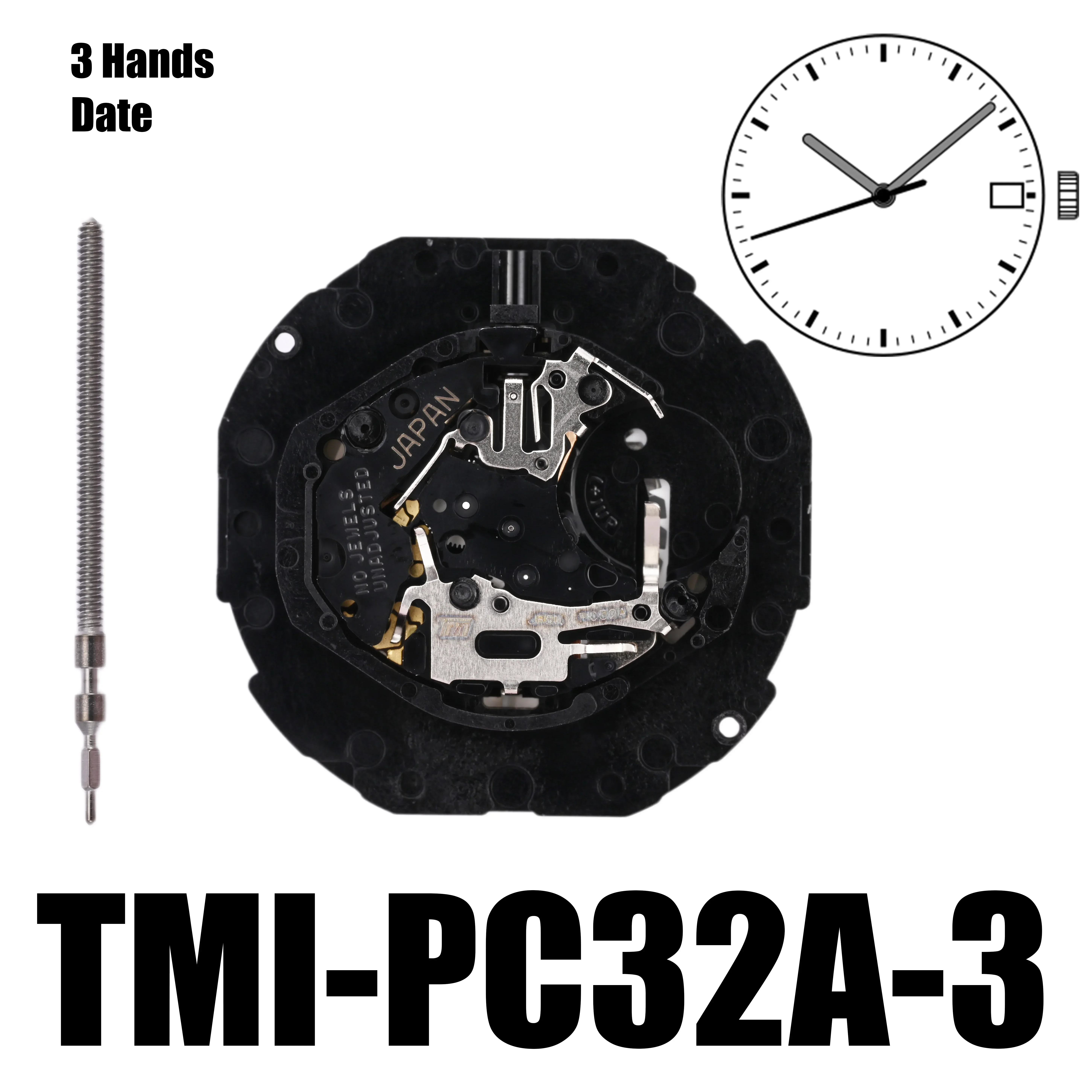 ของแท้ PC32 Movement ญี่ปุ่น TMI PC32A Movement ปฏิทินเดี่ยวมาตรฐาน t 3 เข็ม วัน ขนาด: 10 1⁄2′′ ความสูง: 4.15 มม.