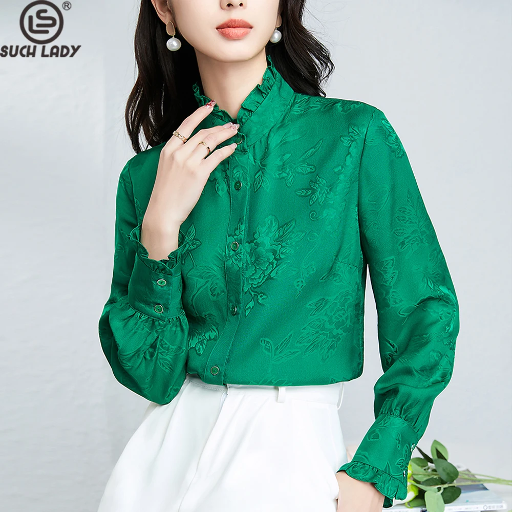 

100% Natural Silk Women's Shirt Stand Ruffled Collar Long Sleeves Jacquard Elegant Fashion Blouse Tops