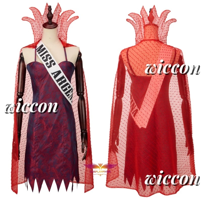 Movie Juice2Beetle Miss Argentina Red Dress Cosplay Costumes Suit Red Curly Wig Halloween Costumes For Women