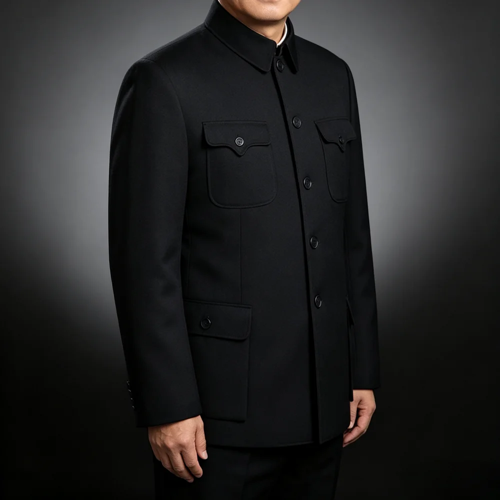 The Modern Classic Jacket – A Dark Grey Zhongshan Jacket Featuring Four Exterior Pockets, Two Interior Pockets, and Lightweight