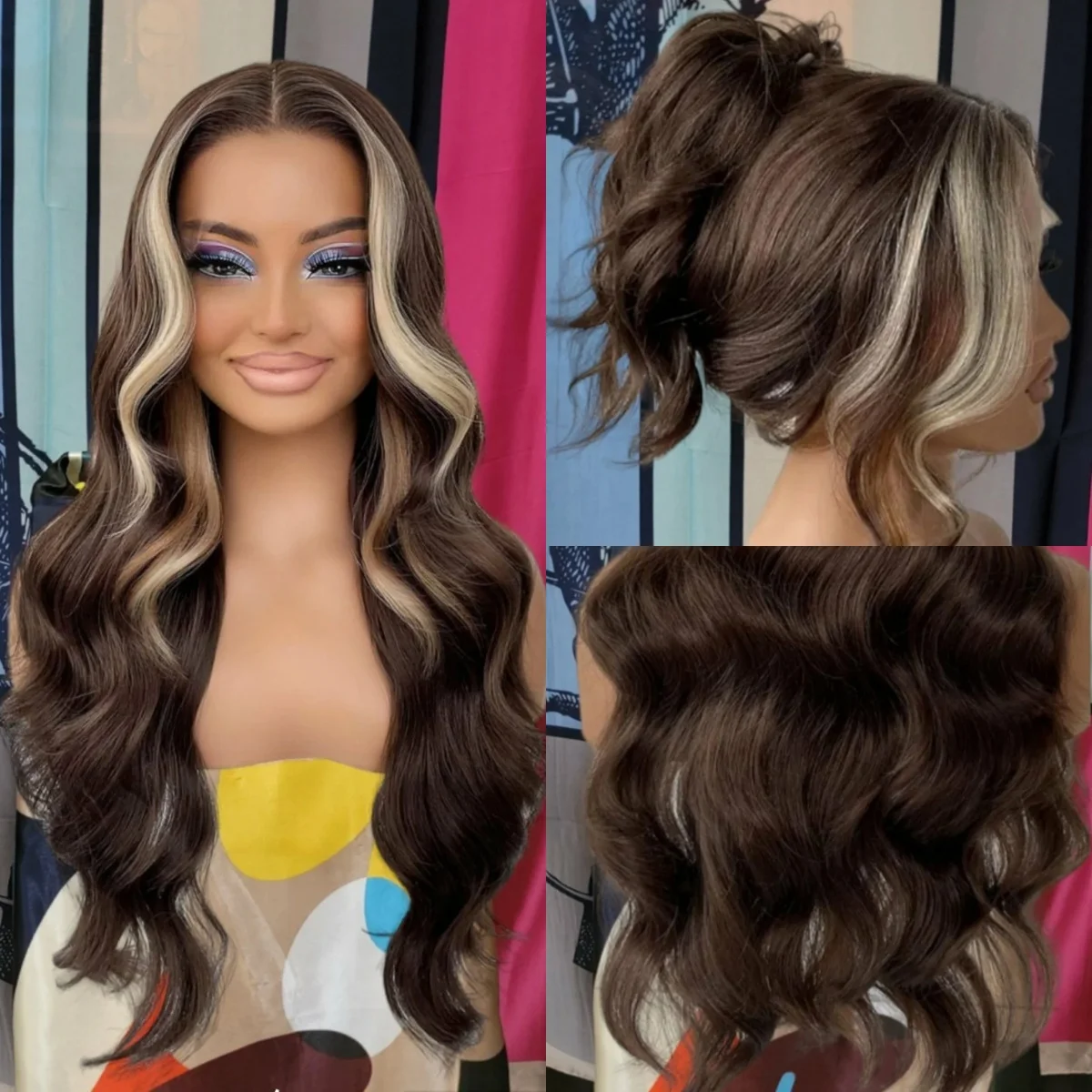 

Выделите темно-коричневые парики Ombre Объемная волна Синтетические волосы Парики фронта шнурка для женщин Прозрачный парик с кружевным верхом Гладкая мода