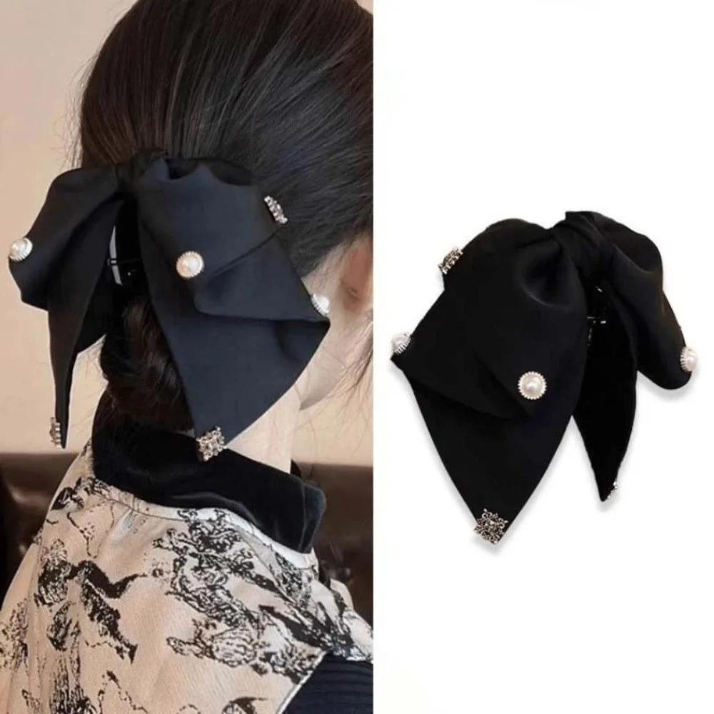 

Beads Black Bow Shark Clip Elegant French Style Shiny Rhinestone Hair Claw Cloth Headwear Women Sequin Hairgrips Female
