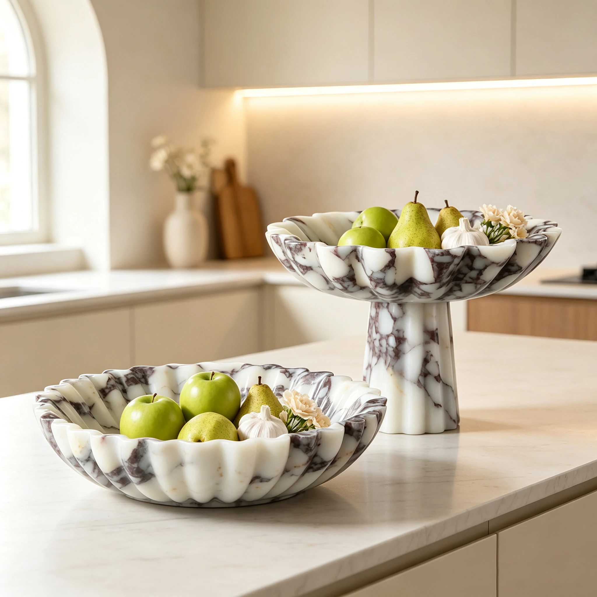 Calacatta Viola Marble Fruit Bowl with Pedestal Natural Stone Scalloped Decorative Tray for Kitchen Dining Table Centerpiece