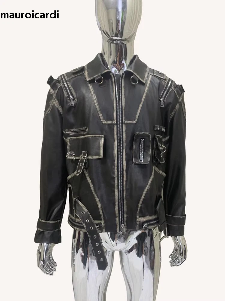 Mauroicardi Spring Autumn Cool Short Distressed Black Pu Leather Jacket Men Three-dimensional Pockes Luxury Designer Clothes