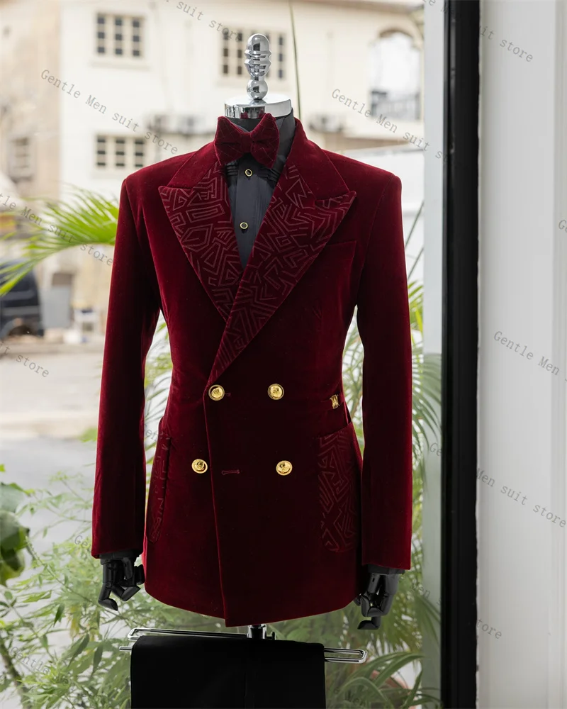 

Burgundy Velvet Men Suit Set 2 Pcs Blazer+Black Cotton Pants Trousers Wedding Tuxedo Formal Office Jacket Coat Customized