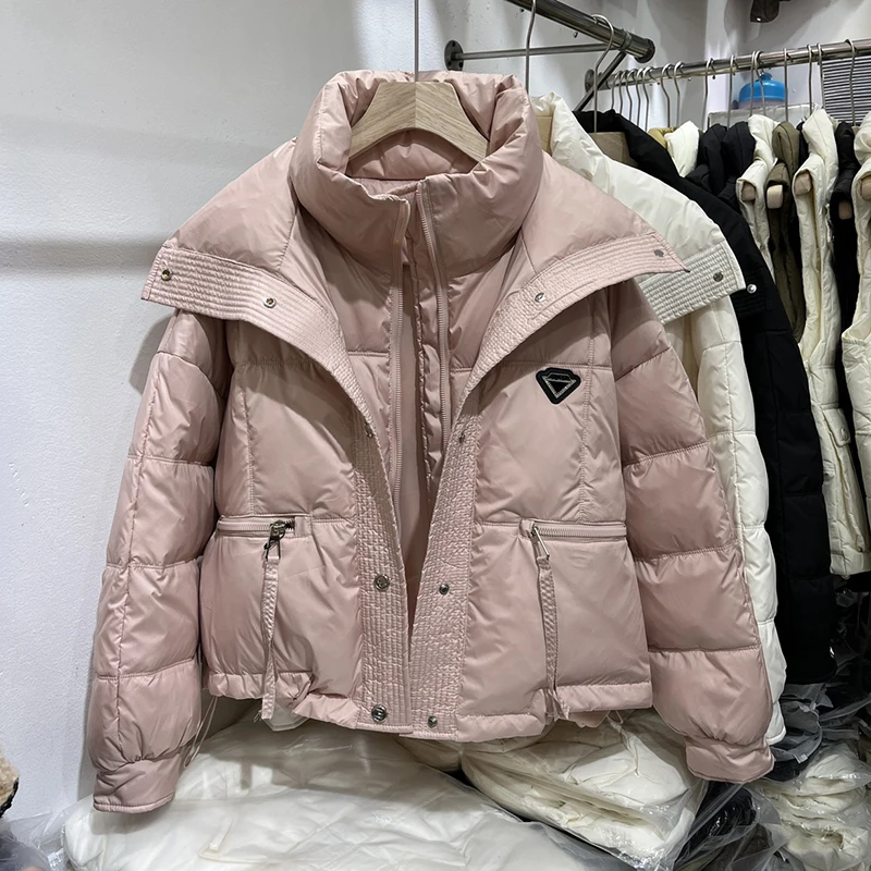 

Winter Short Hooded Puffer Coat Glossy 90% White Duck Down Coat Stand-up Collar Warm Down Parkas Casual Puffer Jacket