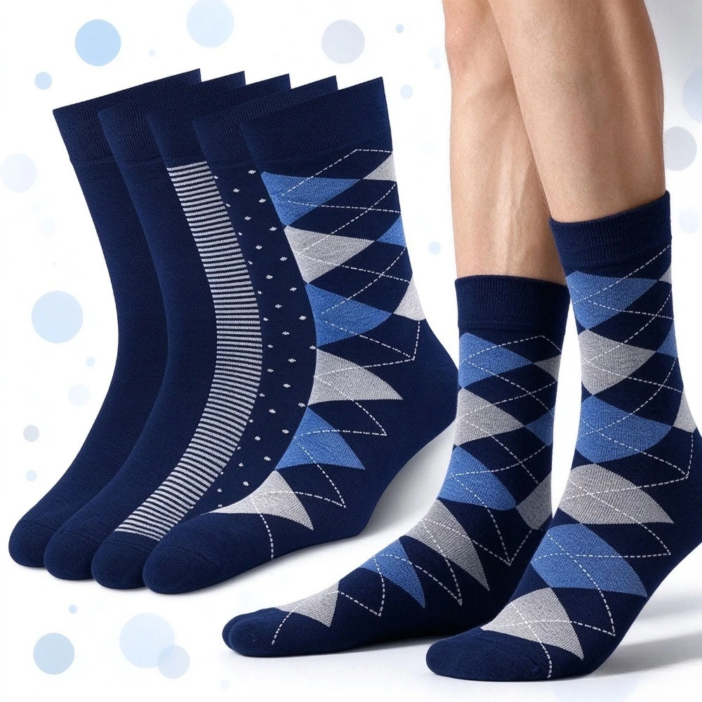 Men's Argyle Striped Solid Color Over-the-Calf Socks, Business Style Versatile Socks for Autumn Winter