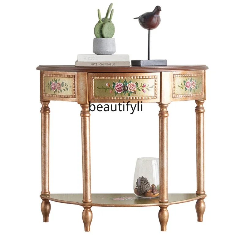 

American Style Semicircle Entrance Cabinet Solid Wood Painted Living Room Integrated Retro Small Apartment Console Tables