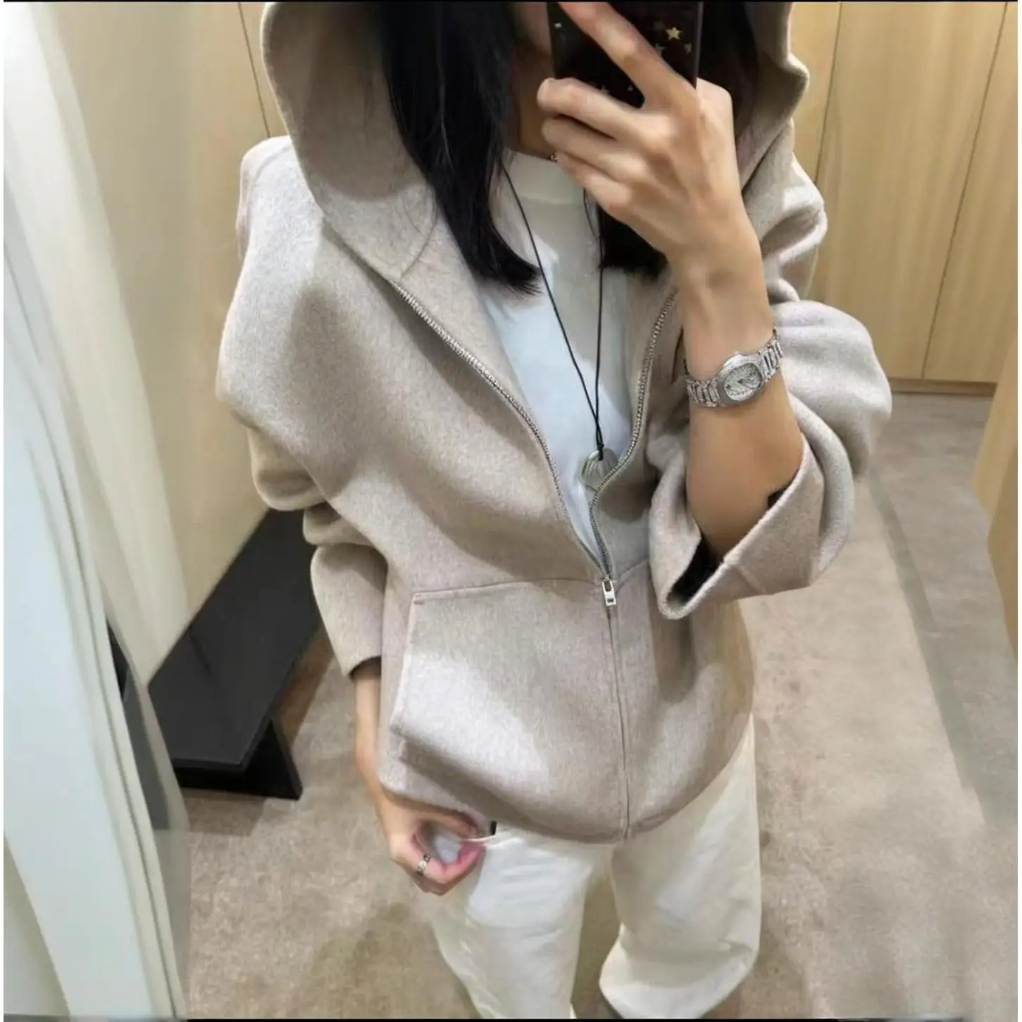 

Новая осенне-зимняя двусторонняя шерстяная куртка MaSande на молнии с капюшоном, простая свободная женская модная верхняя одежда