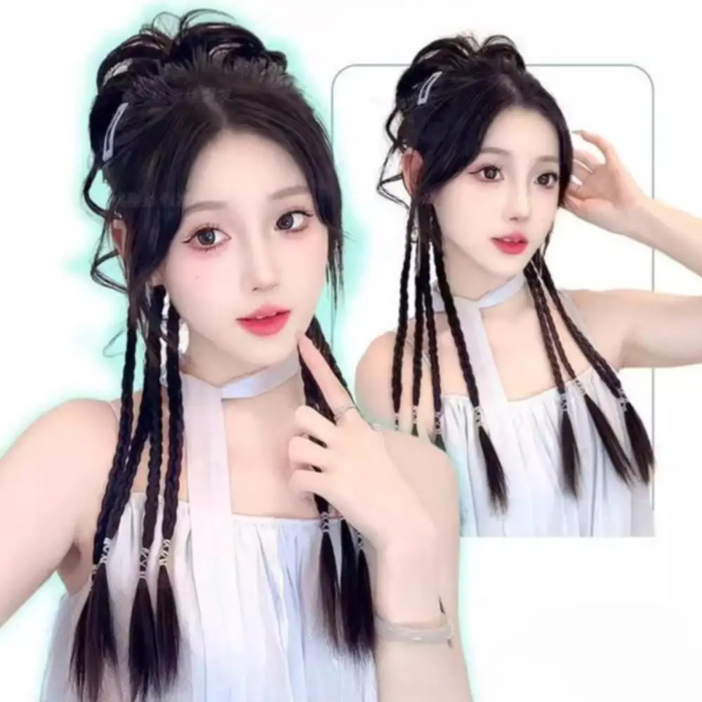 النمط الصيني زهرة برعم رئيس الاصطناعي الباروكات الاصطناعية الطبيعية رقيق مجعد قليلا الملتوية جديلة شعر مستعار إكسسوارات الشعر