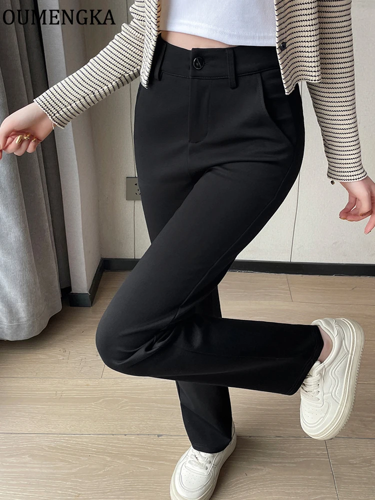 OUMENGKA Solid Black Woman Pants Slim Fitting Button Waisted Streetwear Casual Straight Pants Women Autumn Winter Trouser