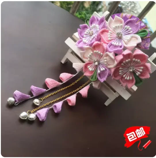 Hairpin Japanese kimono Yukata Headdress Crinkle Cloth Sakura Hair Clip DIY Cosplay Hanfu Tassel Tsumami zaiku Handmade Kanzashi