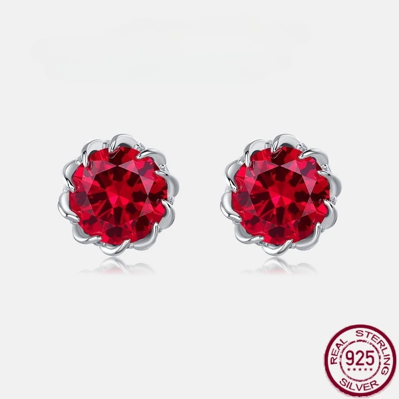 

New S925 pure silver small flower red gemstone inlaid with cultivated colorful jewelry earrings, light luxury wedding jewelry