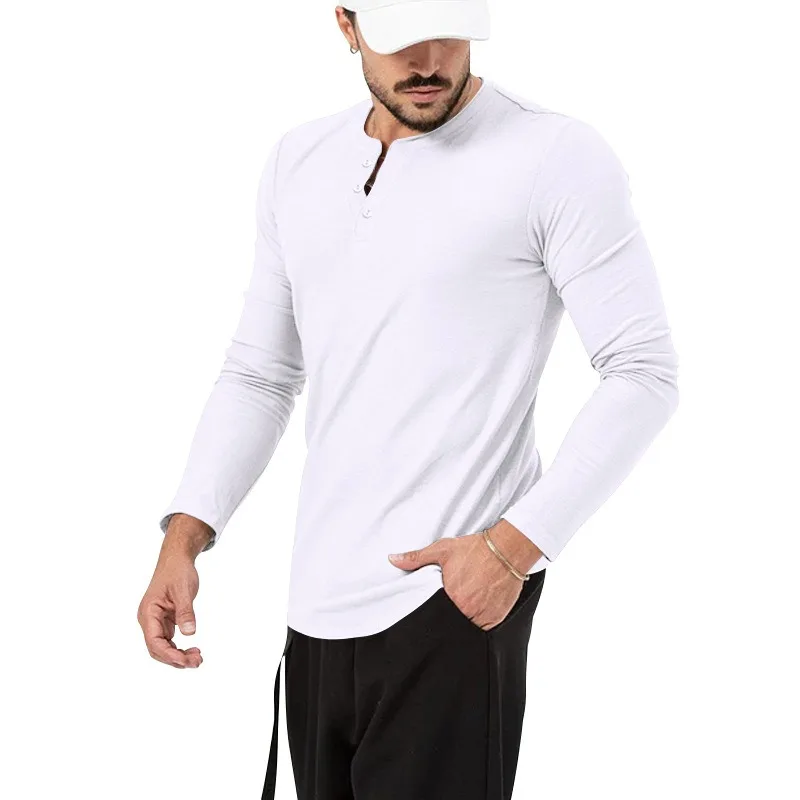 Men's Round Neck Long Sleeve T-shirt Spring Casual Sports Bottoming Shirt Henry Shirt Solid Color Slim Pullover Tops