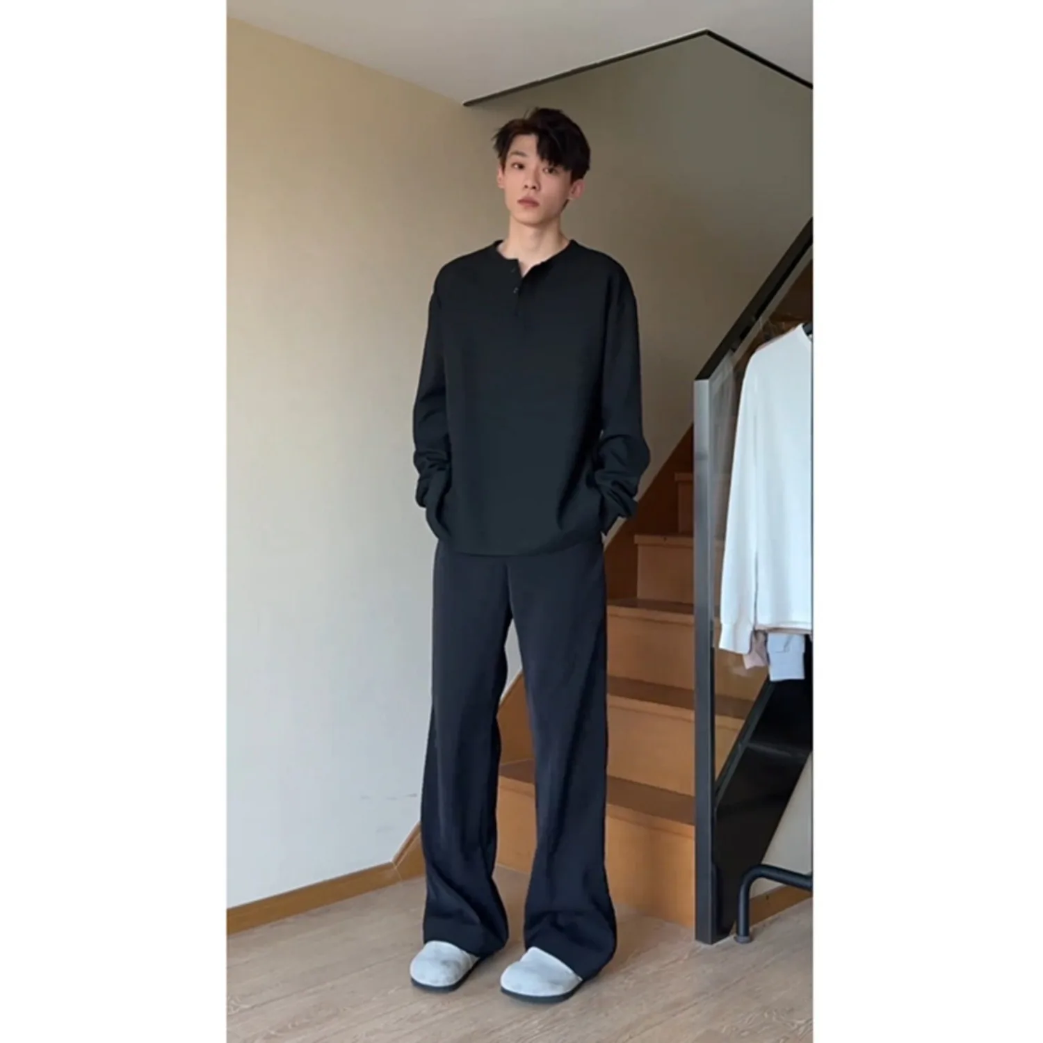 

Мужская футболка с длинным рукавом и воротником хенли, базовая модель, цветная, в американском ретро-стиле, для весны и осени, повседневная одежда