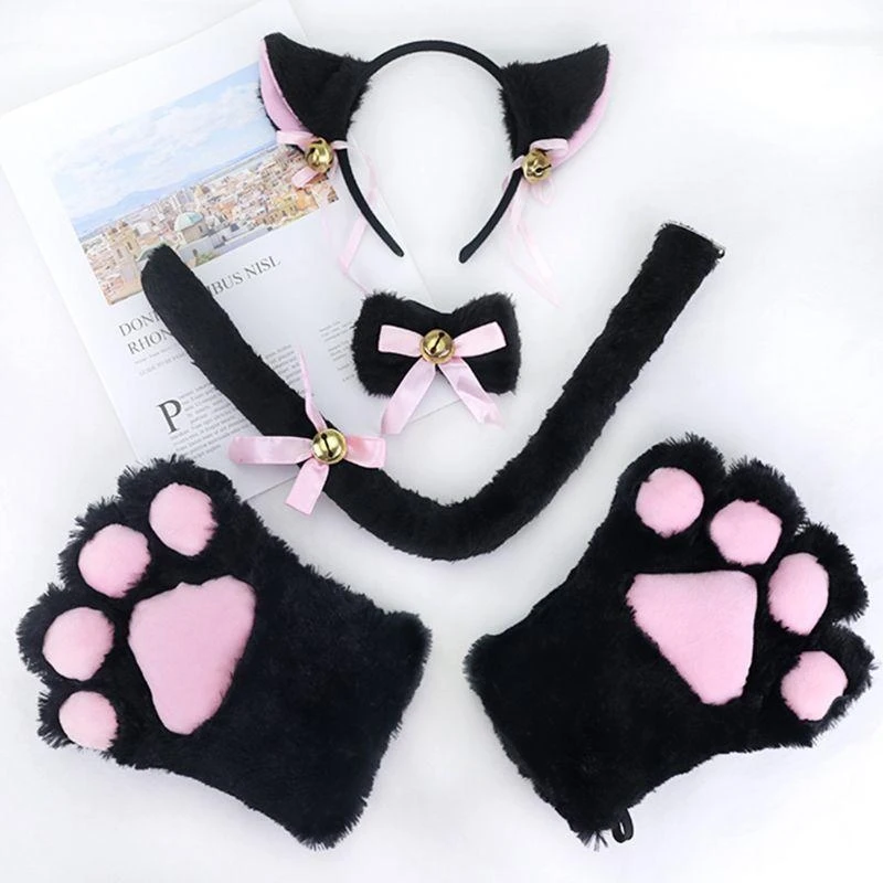 

5asd Women for Cat Maid Cosplay Costume Plush Ear Headband Bow Tie Choker Gloves