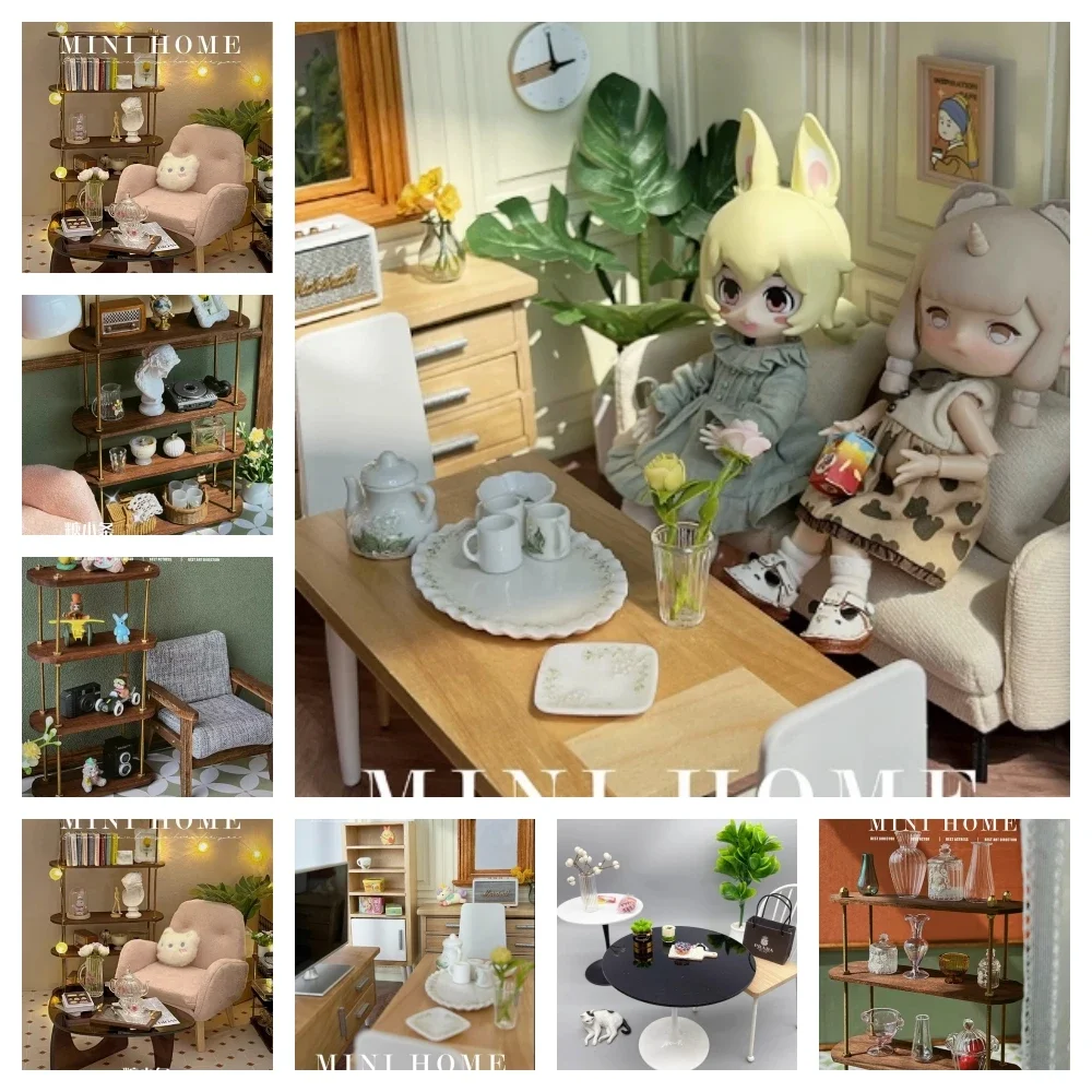 1:6 Doll House Shelving 1:12 Bookshelf Wooden Table and Chair Set Blythe Mini Furniture Nordic Style Dining Table Model BJD