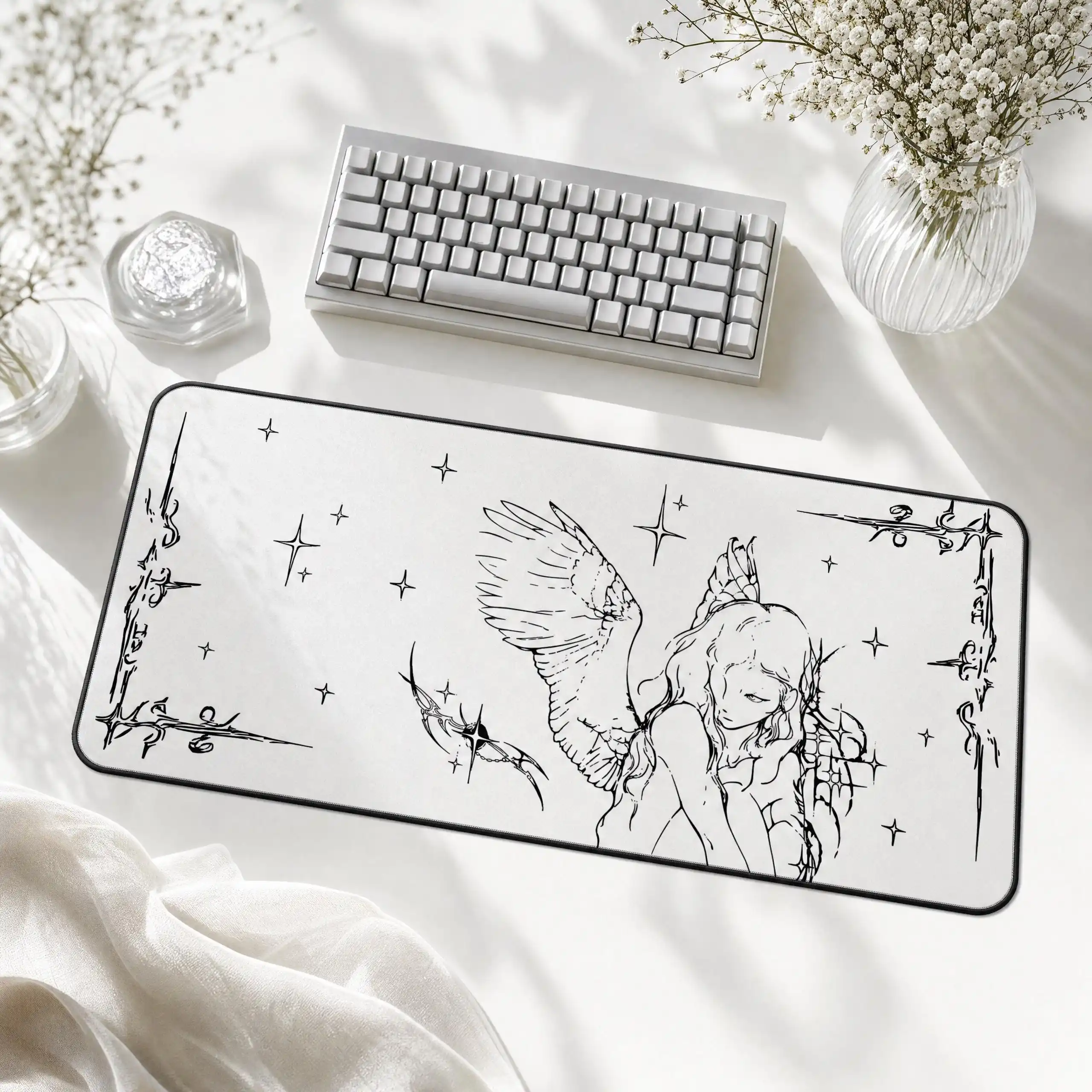 CIFBUY Gothic Angel Sketch Large Desk Mat, White Black Line Art Gaming Mouse Pad Angel Keyboard Pad Office Game Desktop Decor