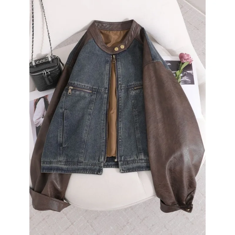 

Женская джинсовая куртка в американском ретро-стиле с кожаными вставками, новые модели осени 2026 года, популярные в этом году, укороченные куртки