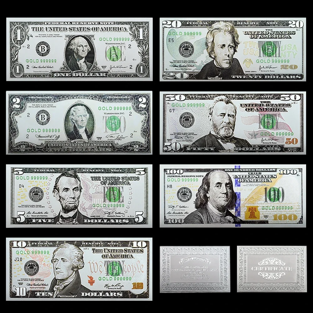 US Dollar Silver Banknotes 1 2 5 10 20 50 100 Bills UNC Notes PET Material Craft Collection American Style 7pcs/set Wholesale