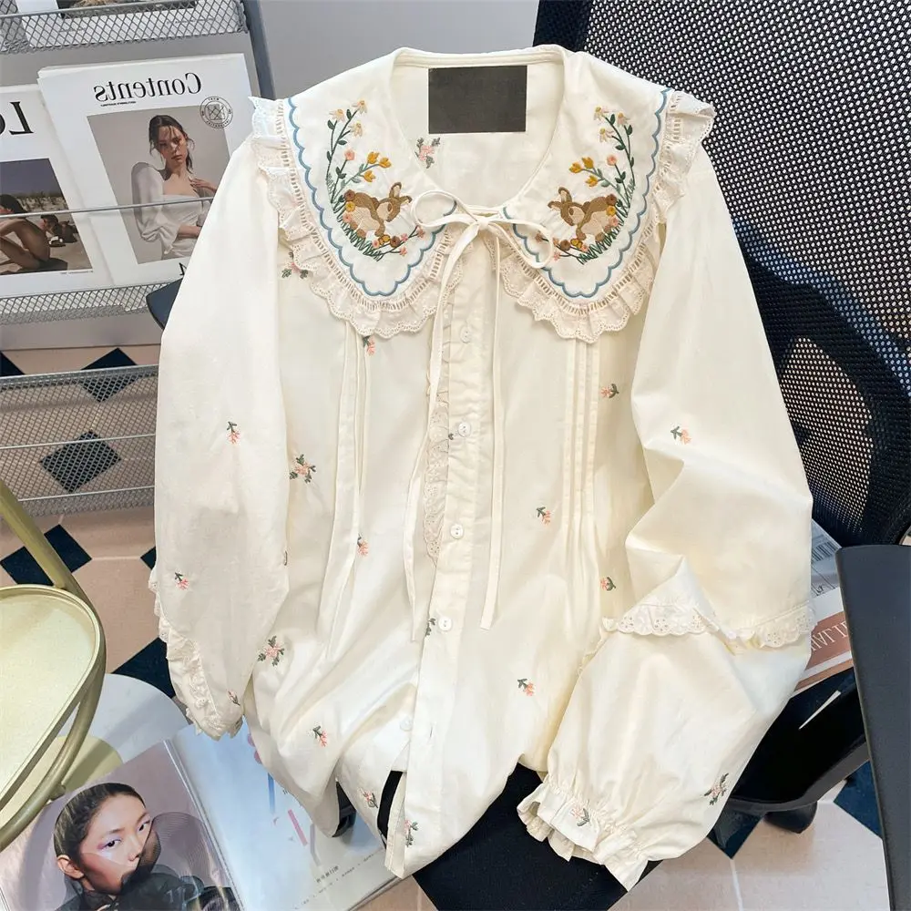 Women Clothing Cute Blouses Embroidery Floral Peter Pan Collar Shirts Loose Long Sleeve Cotton Tops Blusas Mujer De Moda