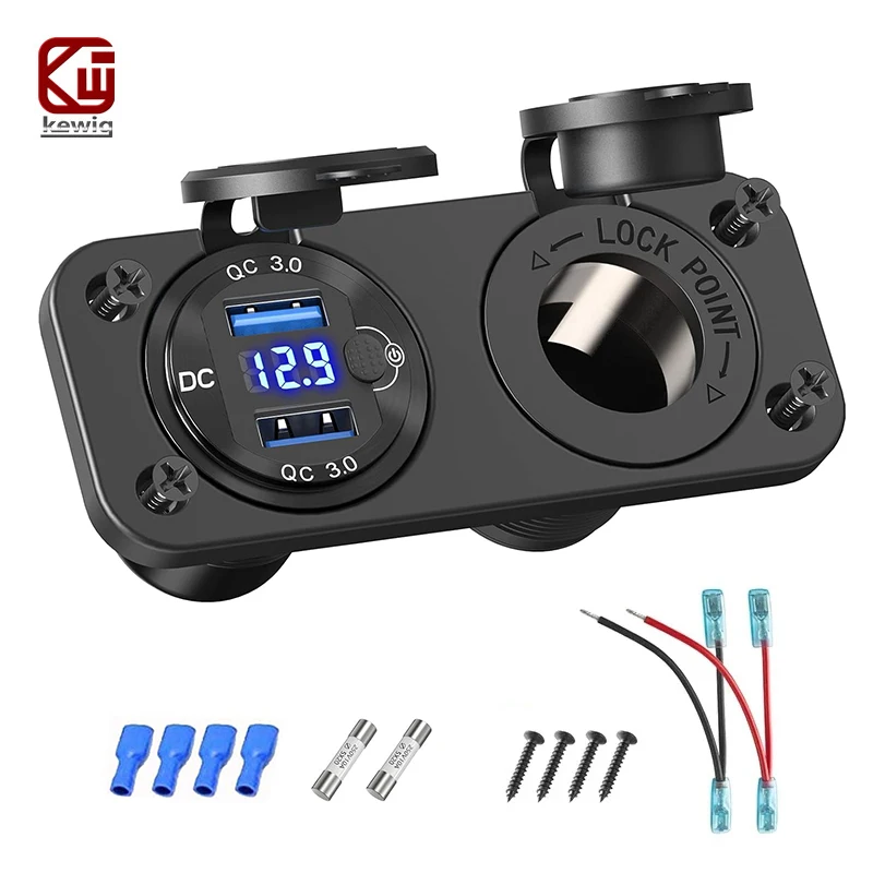 

12V QC3.0 Dual USB Charger Socket Panel with LED Voltmeter Switch Waterproof Cigarette Lighter Splitter for Car Marine Golf Cart