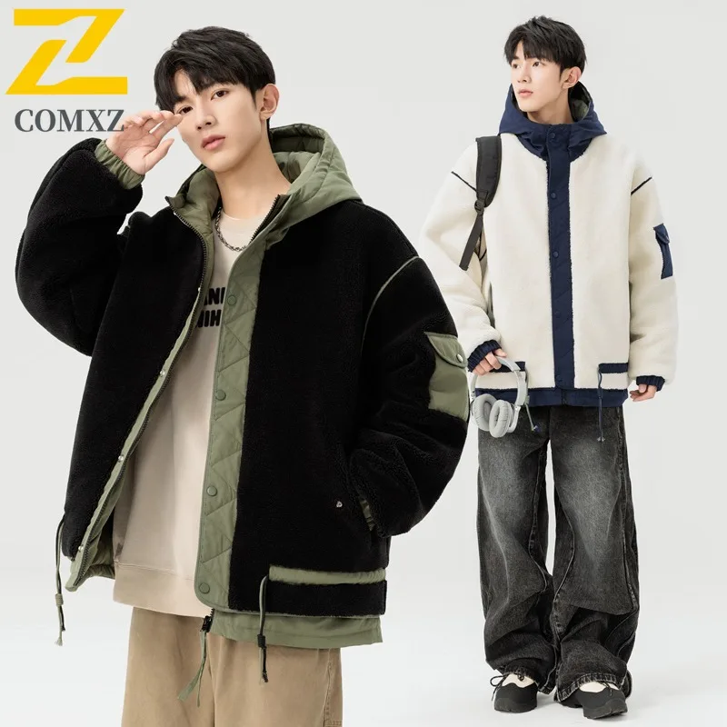 

COMXZ 2025, новая осенне-зимняя мужская молодежная хлопковая куртка из шерпа, утепленное пальто с капюшоном, морозостойкая верхняя одежда в американском стиле ​