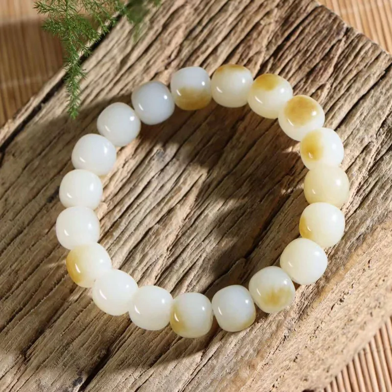 

Natural Xinjiang Hetian Jade Russian Material Pretty Sugar Color Old Bead Men and Women Bracelet Certificate