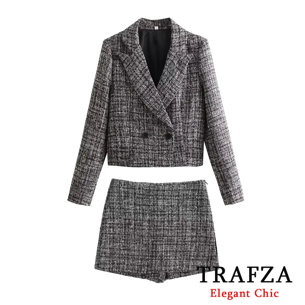 TRAFZA Women Commuter elegante Blazer corto vestito nuovo 2024 primavera autunno Casual Short Set bavero bottoni Blazer e pantaloncini gonne