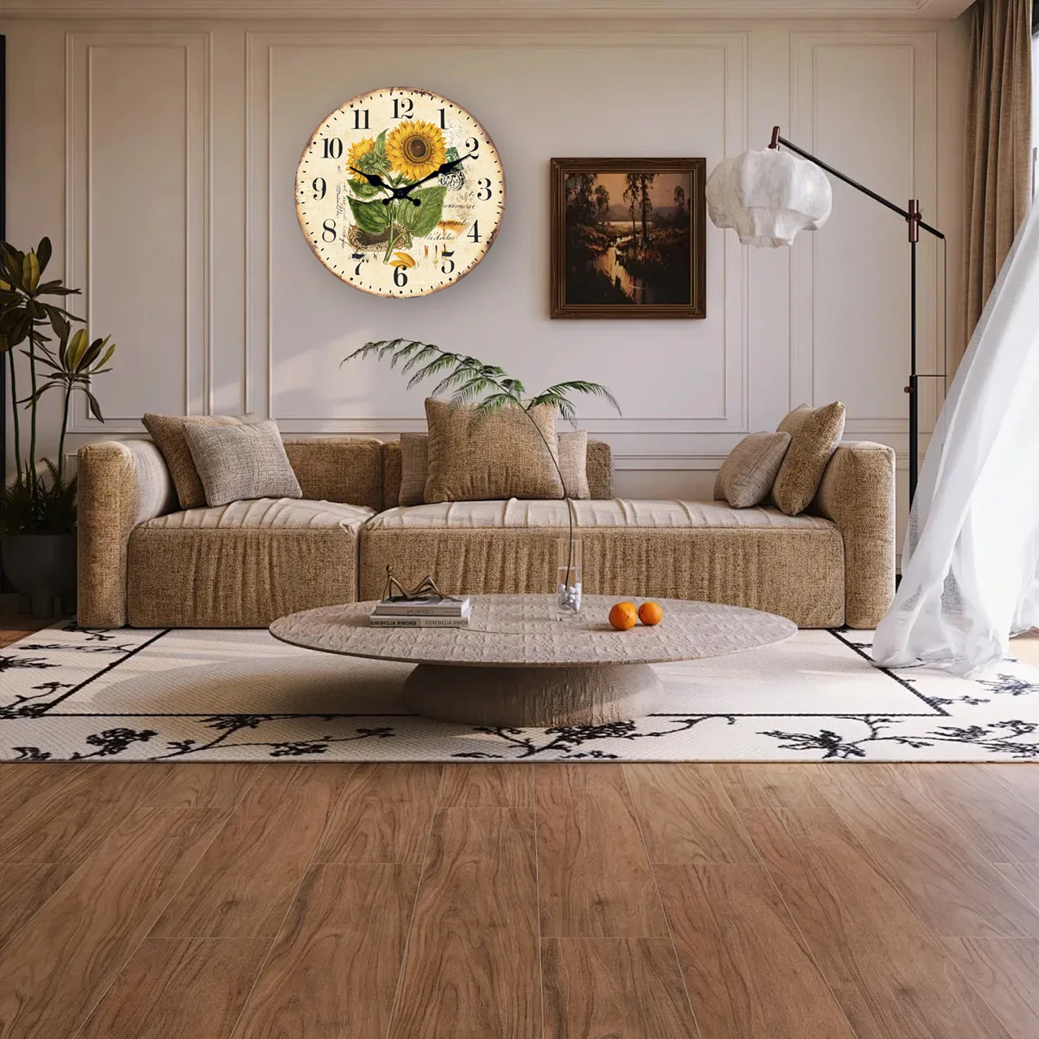 1pc Retro Wood Wall Clock, Two Sunflower Flower Design Wall Clock, Non-Ticking Silent Wall Clock, Home Living Room Decoration