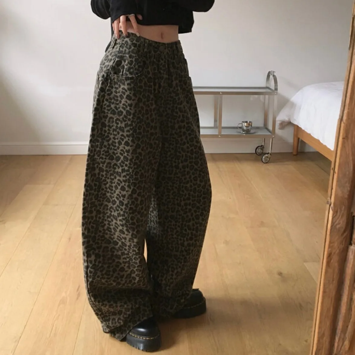 Chic American Retro Casual Stampa leopardata Vita alta Gamba dritta ampia Gamba larga Pantaloni lunghi fino al pavimento Jeans da donna Pendolari Sle