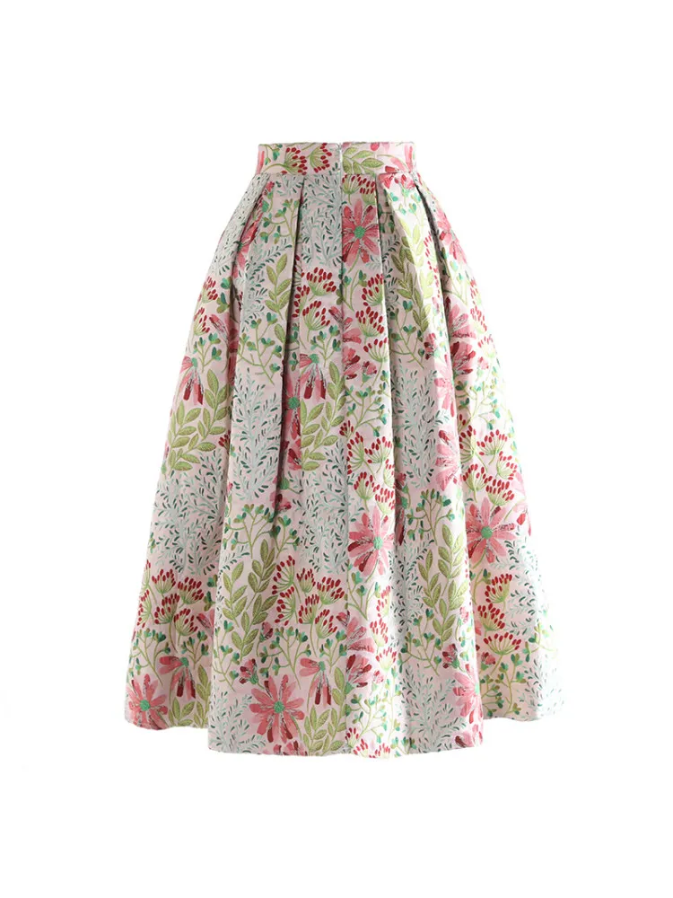High Quality Spring Autumn Pink Embroidery Jacquard Female Pleated Skirt Elegant High Waist Mid-length Women A-line Puff Skirts