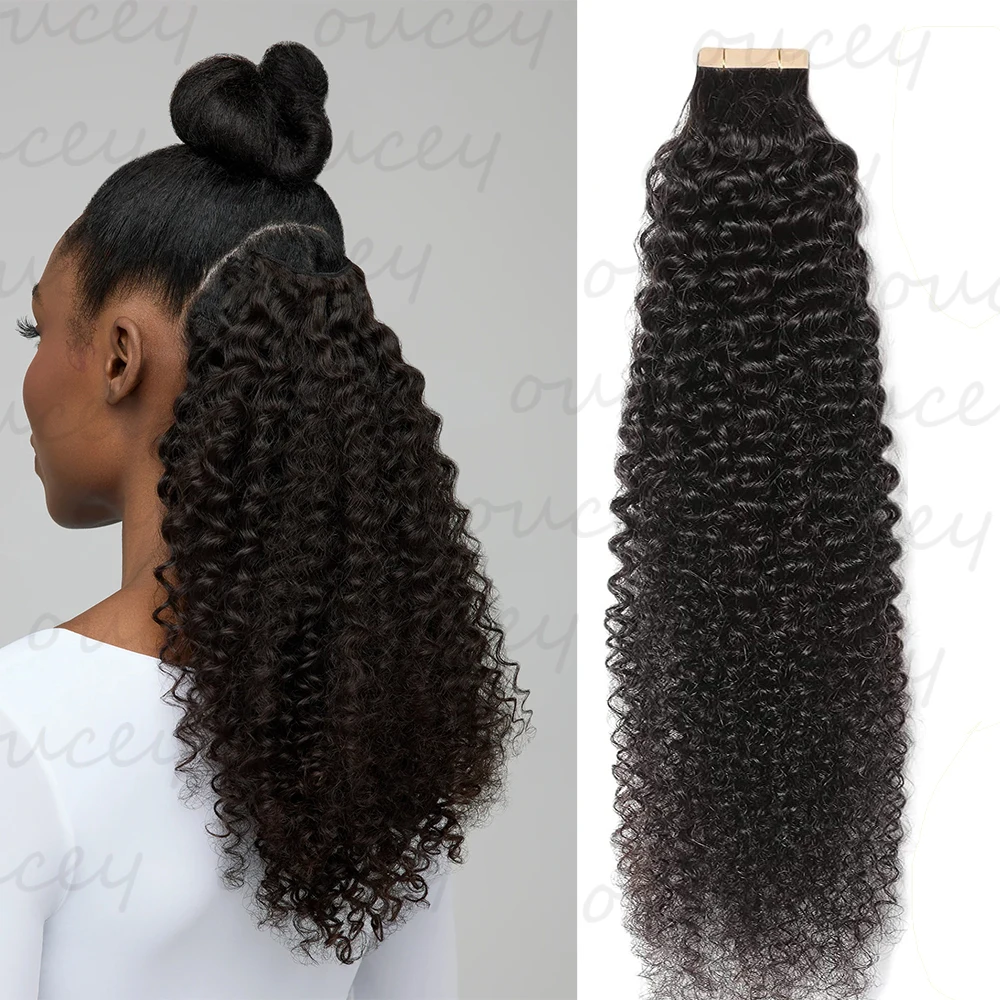 

100% Remy Tape In Human Hair Extensions Kinky Curly Natural Tape In Hair Extension Salon Quality 12"-26" 20 pcs/Pack Tape Ins