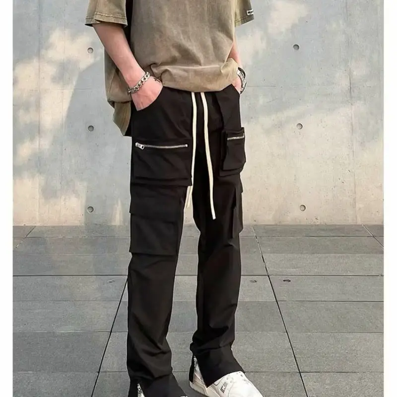 Men's street casual pans, men's zippered split spring and autumn men's straight fitting black European and American zippered wor