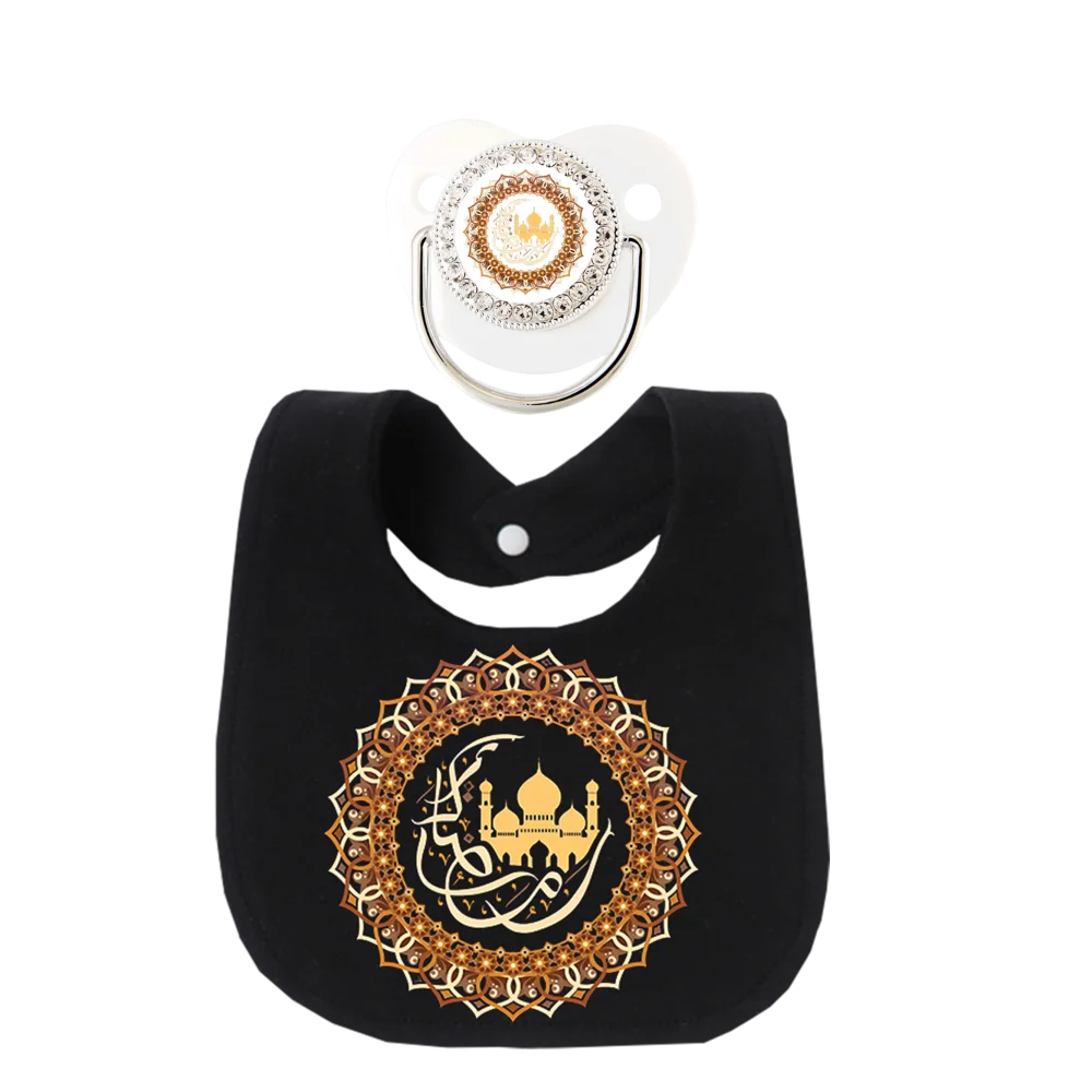Arabic Print Newborn Pacifier with Toddler Feeding Bib 2Pcs Set Muslim Islamic Soft Washable Soother Dummy Silicone BPA Free