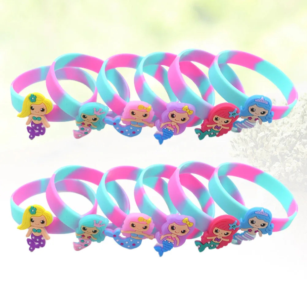 12 Uds. Pulseras coloridas para niños, pulseras de sirena de silicona, suaves, ecológicas, elásticas, impermeables para recuerdo de fiesta infantil